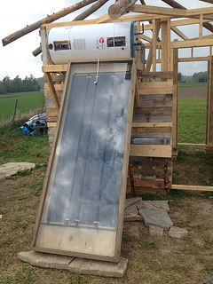 outhouse, solar hot water panel, homemade